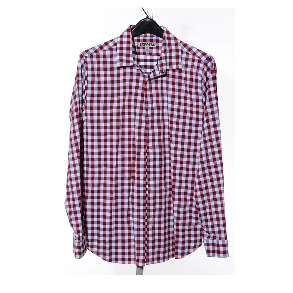 Express Mens Extra Slim Fit Plaid Button Down Shirt Red Navy Blue Medium 15-15.5